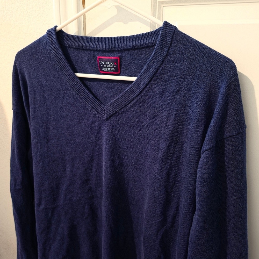 UNTUCKit Mens XXL Navy Blue Linen Cotton Blend V-Neck Long Sleeve Sweater